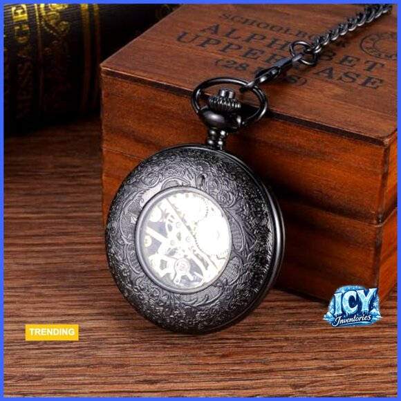 Vintage Mechanical Pocket Watch with Chain Skeleton Dial Roman Numerals